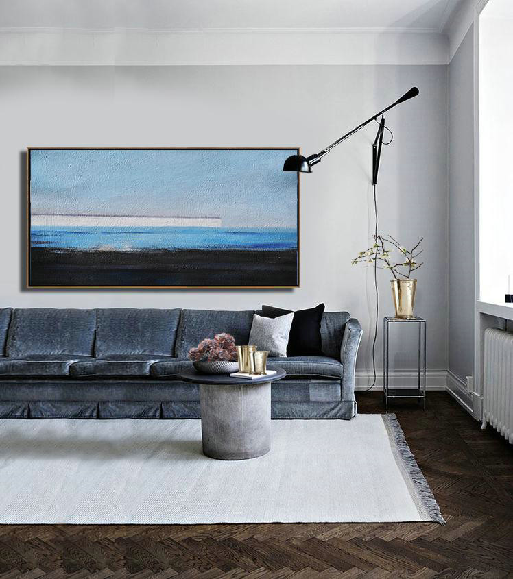 Large Abstract Painting Canvas Art,Hand Painted Panoramic Abstract Painting,Living Room Canvas Art,Sky Blue,White,Blue,Black.etc